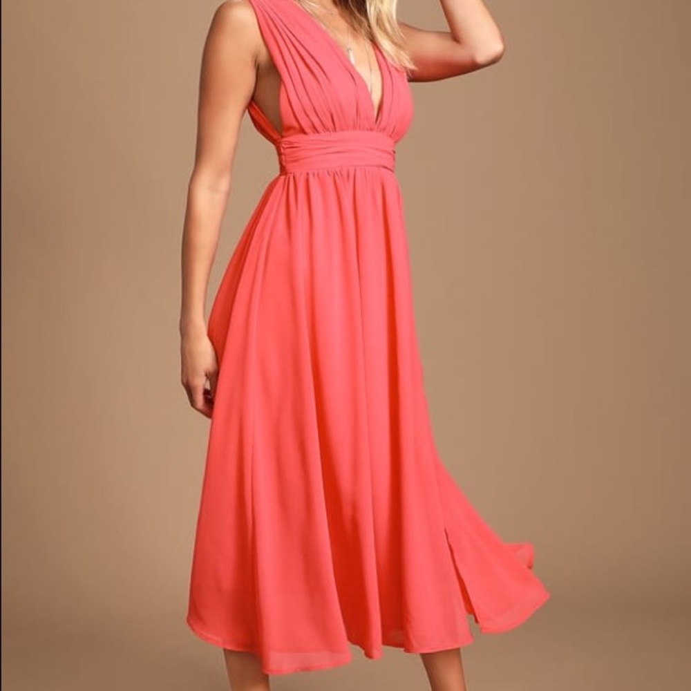 Lulu’s Divine Dahlia Coral Pink Midi Dress